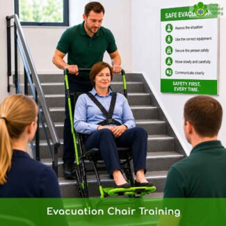 Trainer demonstrates the correct method of handling an evacuation chair