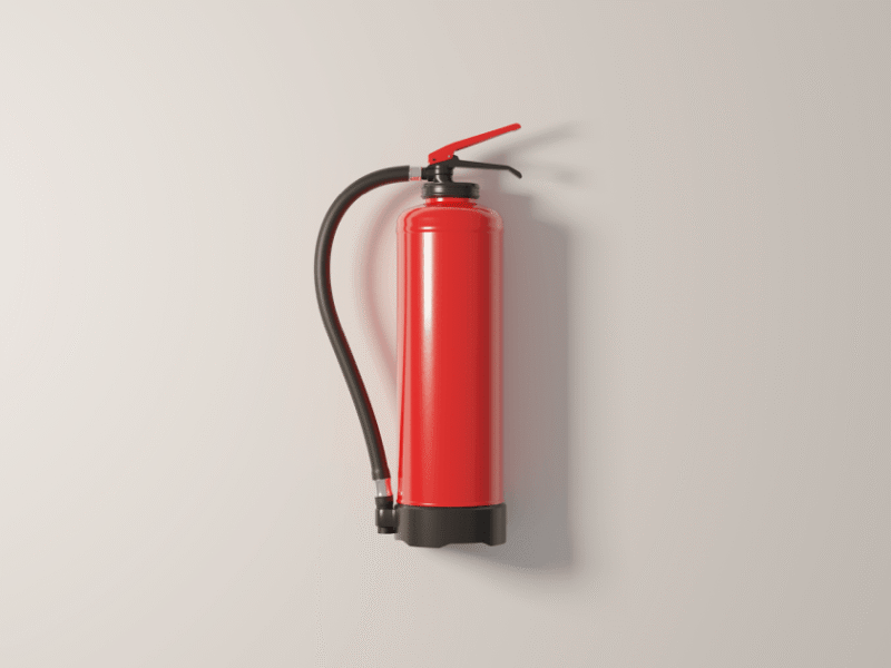 A minimalist 3D render of a standard red workplace fire extinguisher on a neutral light grey background.