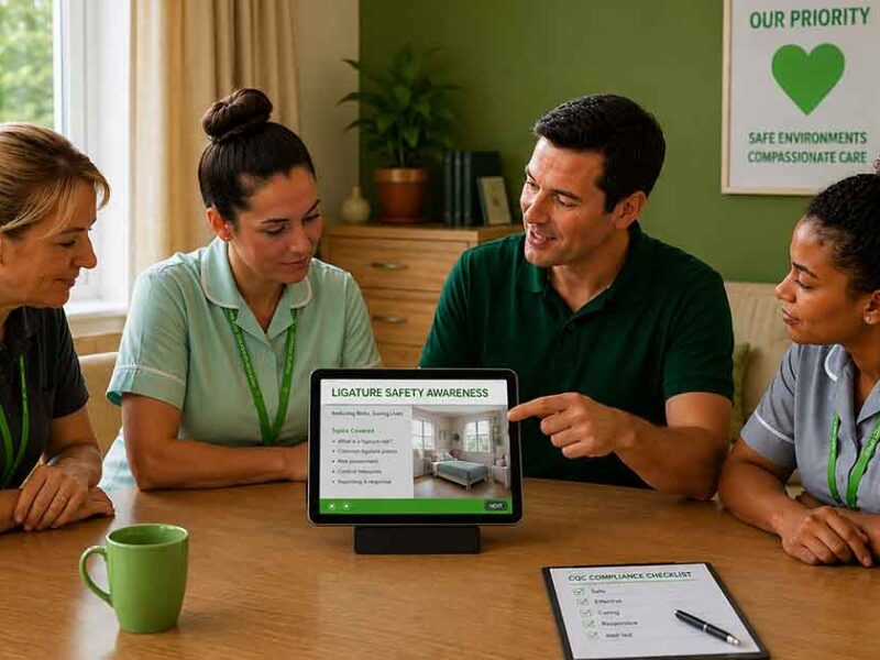 A healthcare training instructor uses a tablet to present a Ligature Safety Awareness course to care home staff seated at a table with a CQC compliance checklist.