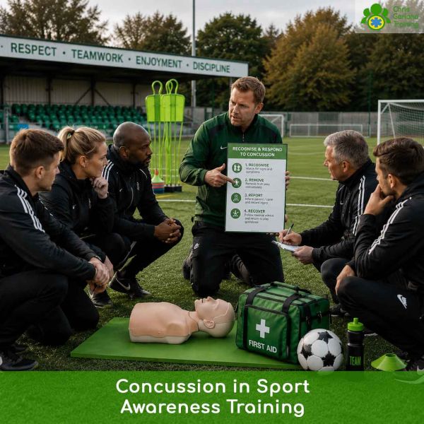 Sports first aid instructor holding a concussion protocol guide board on a football pitch while training athletic coaches.